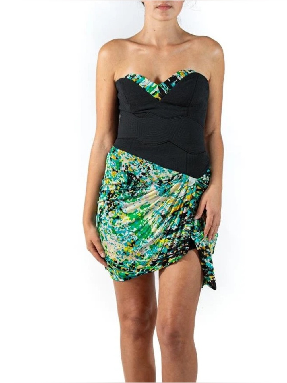 Black and green print BCBG RUNWAY sweetheart dress